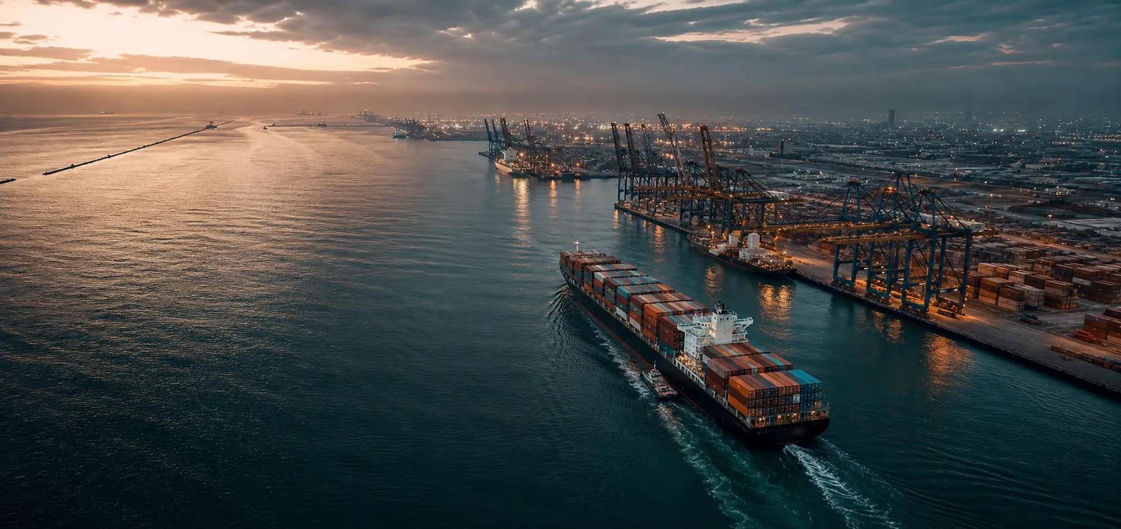 Container vessel departing a major ocean port
